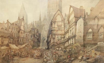 Lot 108 - Paul Marny (1829-1914) Continental town scene with market stalls Signed, watercolour, 58.5cm by...