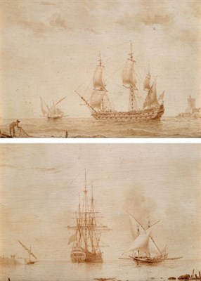 Lot 111 - William Frederick Settle (1821-1897) Galleon and Schooner in anchor  Tall masted ship off shore...