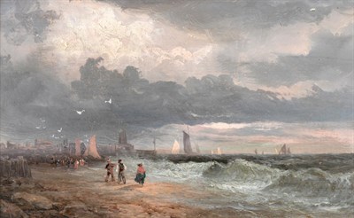 Lot 118 - William Thornley (fl.1858-1898)  Figures awaiting the return of the boats on a stormy shore...