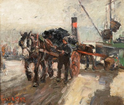 Lot 121 - Harry Fidler (1856-1935) A figure leading a horse and cart through docklands Signed, oil on canvas