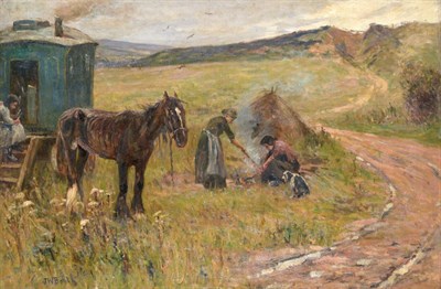 Lot 125 - James William Booth ARCA (1867-1953) Gypsy encampment  Signed, oil on canvas, 59.5cm by 90cm...