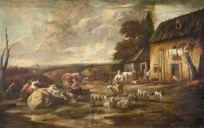 Lot 130 - Circle of Hendrick Mommers (1620-1693) Dutch  Country folk tending livestock before a thatched...