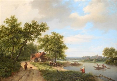 Lot 133 - Marinus Adrianus Koekkoek the Elder (1807-1870) Dutch River landscape with figures and boating...