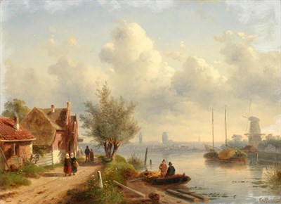 Lot 134 - Charles Henri Joseph Leickert (1816-1907) Dutch River landscape with town to distance Signed,...