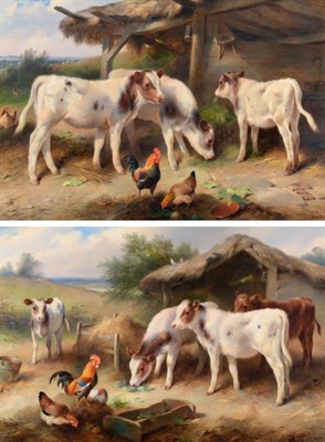 Lot 136 - Walter Hunt (1861-1941)  Calves feeding beside a thatched stable Signed and dated 1921, oil on...