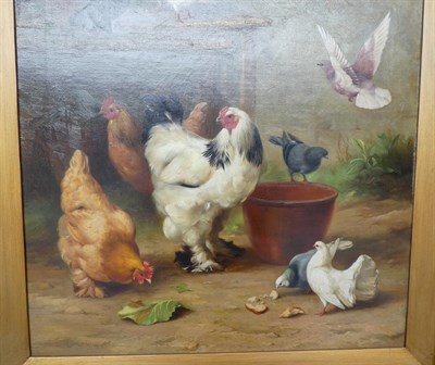 Lot 137 - Edgar Hunt (1876-1953) Cockerel, hens and pigeons outside a cottage  Signed, and dated 1903, oil on