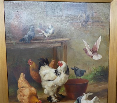 Lot 137 - Edgar Hunt (1876-1953) Cockerel, hens and pigeons outside a cottage  Signed, and dated 1903, oil on