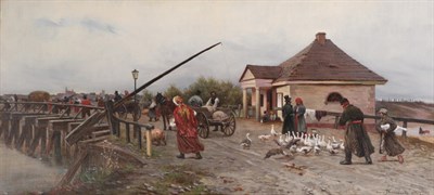 Lot 145 - Jan Konopacki (1856-1894) Polish Figures with livestock crossing a toll bridge  Signed and...