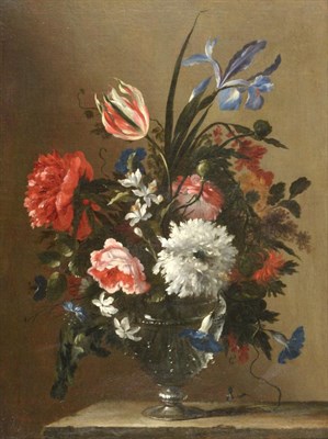 Lot 154 - Follower of Juan de Arellano (1614-1676) Spanish Still life of tulips, iris, peonies and...