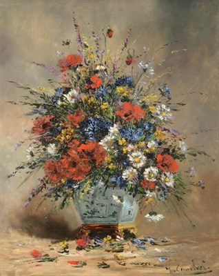 Lot 155 - Eugène Henri Cauchois (1850-1911) French ''Summer Flowers in a Porcelain Vase'' Signed, oil on...