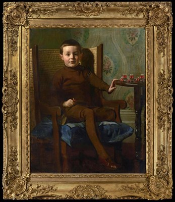 Lot 158 - Frederick George Swaish (1879-1931)  Young boy sitting in an Orkney chair playing with his toy...
