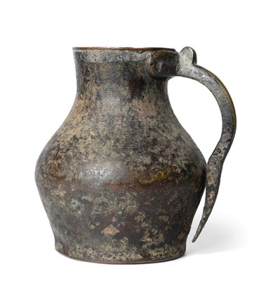 Lot 204 - A Medieval Copper and Brass Jug, probably 14th century, of baluster form with brass scroll...