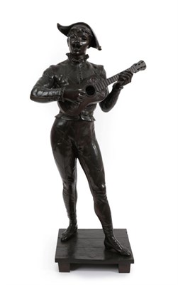 Lot 208 - After Jean Didier Début (1824-1893): A Bronze Figure of Harlequin, standing playing the guitar, on