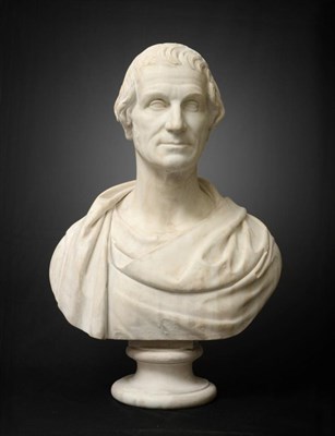 Lot 214 - English School (mid 19th century): A White Marble Bust of a Gentleman, wearing loose robes, on...