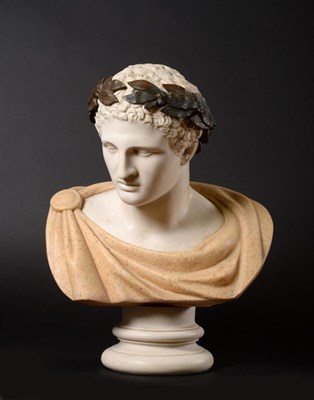 Lot 217 - After the Antique: A Carved White and Coloured Marble Bust of Augustus, with applied bronze...