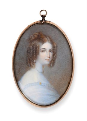 Lot 232 - English School (circa 1830); Miniature Portrait of a Young Lady, bust length, with ringleted...