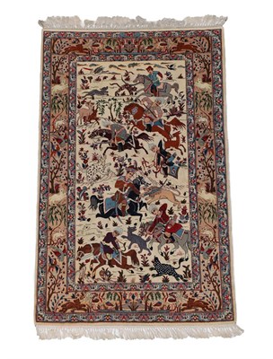 Lot 237 - Fine Kashan Hunting Rug Central Iran, circa 1960 The ivory ground depicting noblemen hunting...