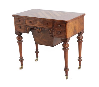 Lot 318 - A Victorian Figured Walnut Games' Top Work Table, circa 1870, the strung top above an...