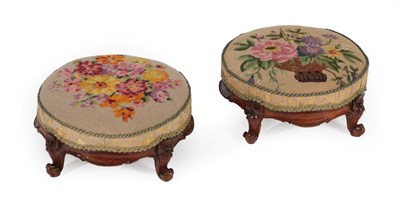 Lot 348 - A Pair of Victorian Carved Walnut Circular Footstools, 3rd quarter 19th century, recovered in...