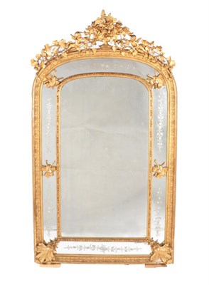 Lot 355 - A French Third Republic Giltwood and Gesso Overmantel Mirror, late 19th century, with floral etched