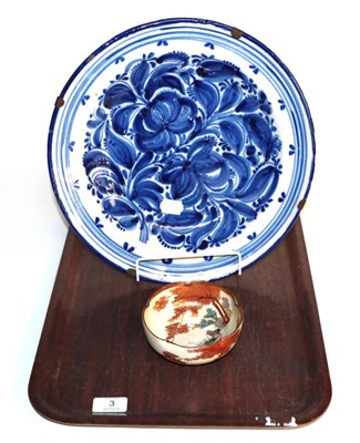 Lot 3 - A Delft blue & white charger, floral pattern, marked 'W.M.D.' to underside, 34.5cm diameter;...