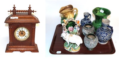Lot 17 - An oak cased Ansonia striking mantel clock; green glaze Toby jug; a pair of squat vases...
