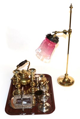 Lot 21 - A selection of brass consisting of a pair of candlesticks; teapot; adjustable angle lamp; pair...