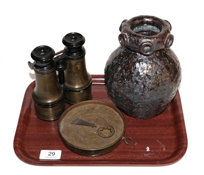 Lot 29 - A pair of binoculars; a Middle Eastern brass astrolabe; and a Studio pottery vase