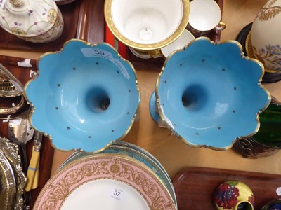 Lot 39 - A pair of enamel decorative blue glass table lustres