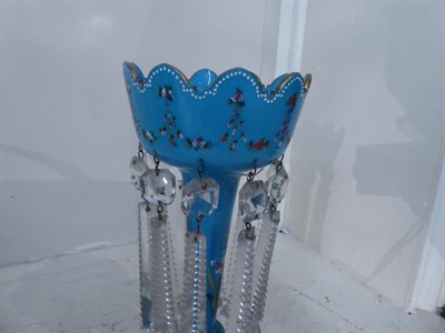 Lot 39 - A pair of enamel decorative blue glass table lustres