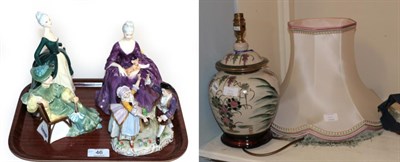Lot 46 - Three Royal Doulton figures; a Sitzendorf group of two dancers; and a Japanese lamp and shade