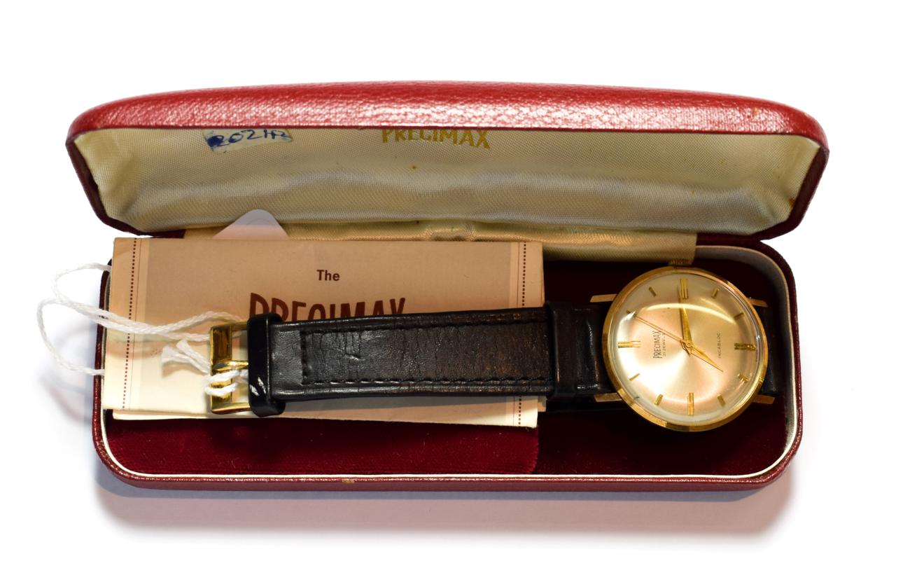 Lot 50 - A 14 carat gold centre seconds wristwatch, signed Precimax, with Precimax box and guarantee...