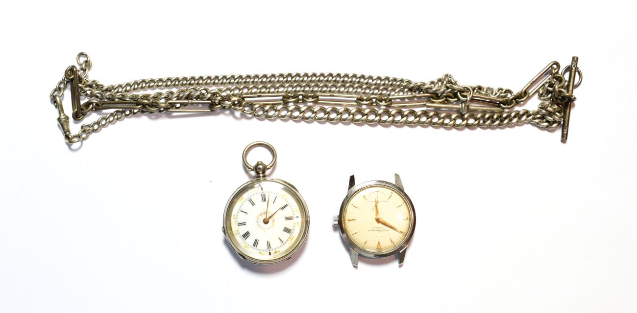 Lot 51 - A gents 1950's Girard Perregaux wristwatch, lady's fob watch stamped 0.800, two silver chains and a