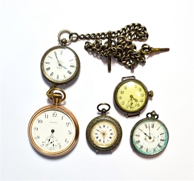 Lot 57 - An early enamel dial watch face; a Waltham plated pocket watch; and three further pocket watches