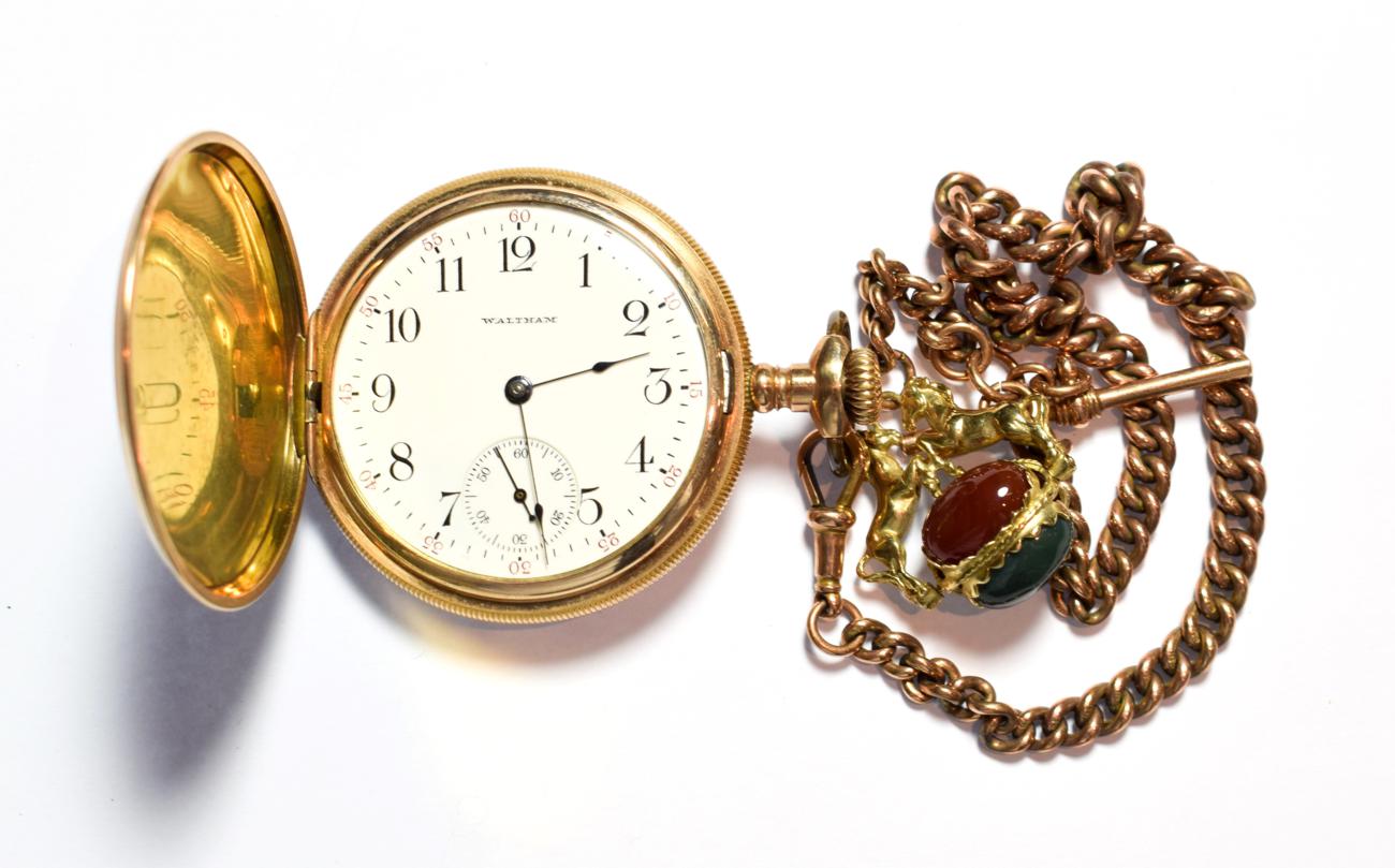 Lot 63 - A gold plated pocket watch with attached watch chain stamped '9C' with hardstone fob