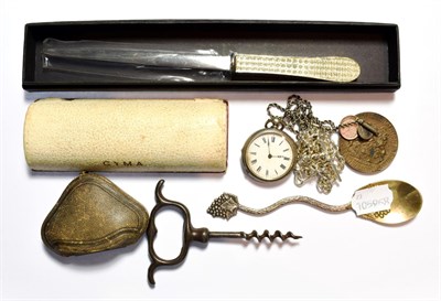 Lot 69 - A silver pocket watch and chain, a silver watch chain, silver spoon, jewellery box etc
