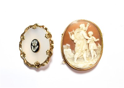 Lot 85 - A Victorian cameo in a frame stamped '9CT', measures 4.7cm by 4cm; and an agate brooch,...