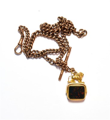 Lot 86 - A double Albert 9 carat gold chain, with an attached 9 carat gold lion motif bloodstone swivel fob