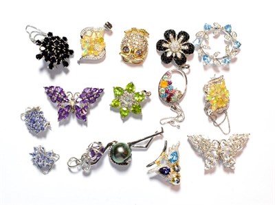 Lot 91 - Various silver gem set pendants and brooches, including a tanzanite owl pendant and a peridot...