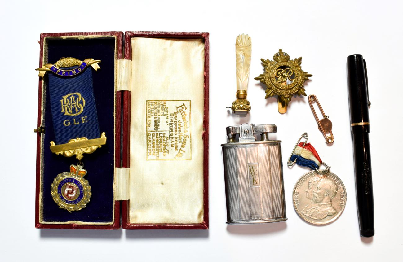 Lot 92 - A mother of pearl Masonic revolving stamp seal; a Masonic medal; Swan fountain pen with 14...