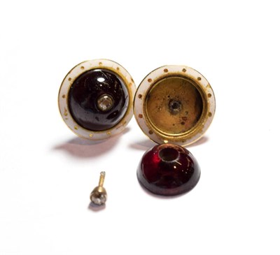 Lot 99 - A pair of garnet and diamond earrings, a round cabocon garnet inset with an old cut diamond, to...