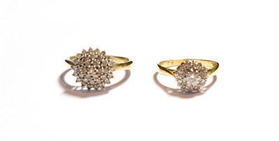 Lot 100 - A 9 carat gold diamond cluster ring, finger size N1/2; and a diamond cluster ring, unmarked, finger