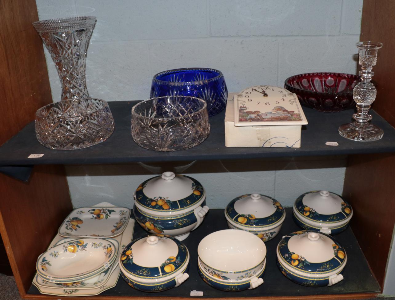 Lot 119 - A group of good cut glass vases and bowls; a part dinner service; Villeroy & Boch clock etc