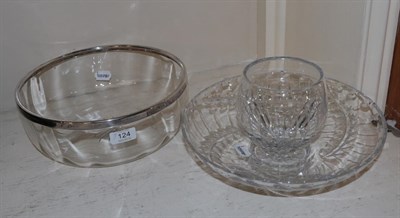 Lot 124 - A silver rimmed glass bowl; a signed cut glass bowl; and a signed cut glass vase