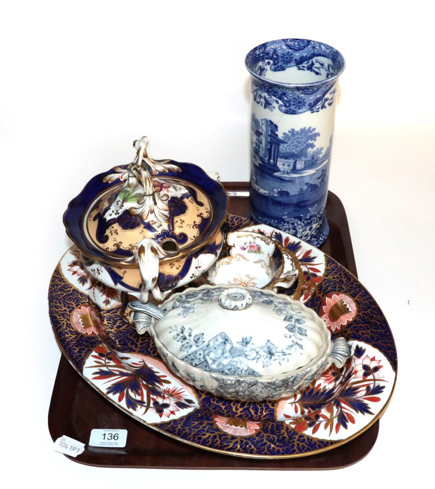 Lot 136 - A Derby oval meat platter; a Rockingham style twin-handled pedestal bowl with lid; a blue and white