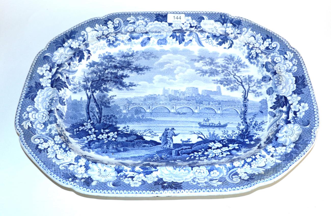 Lot 144 - A large blue and white meat plate depicting a 'North East View of Lancaster', early 19th century