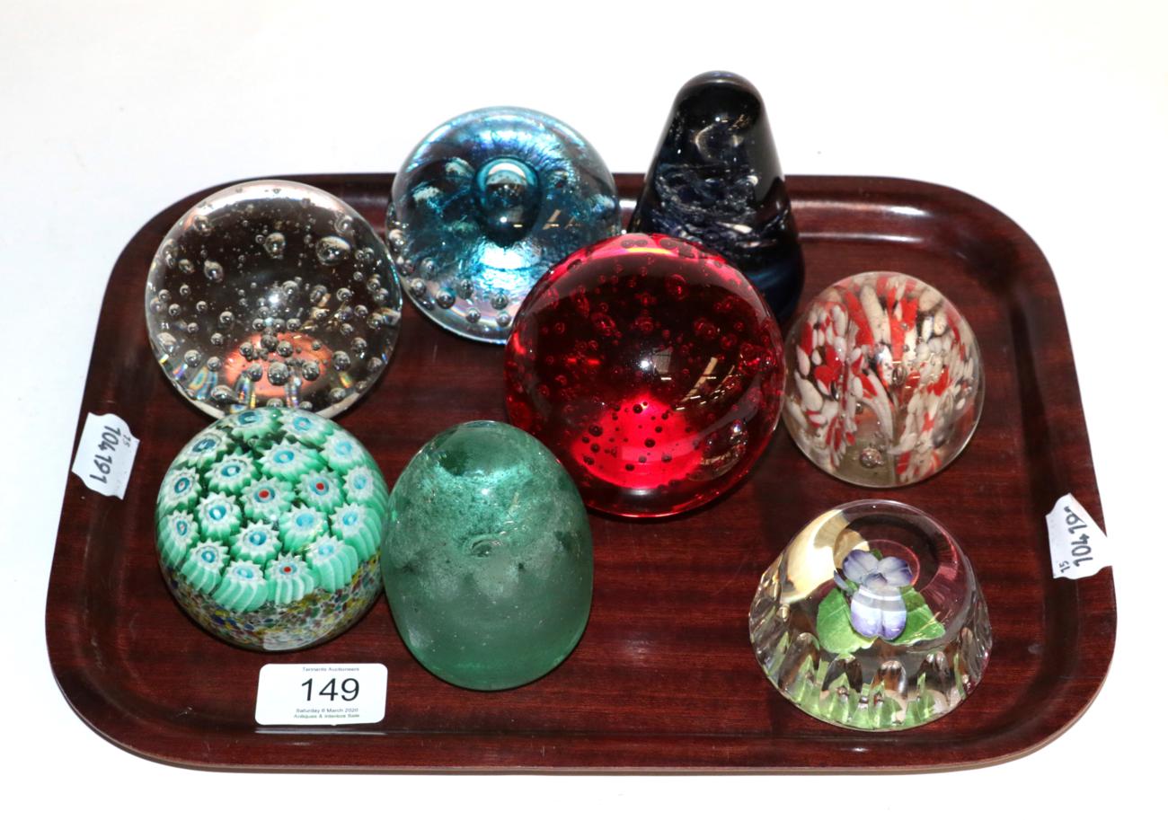 Lot 149 - Eight various 19th century and later paperweights including a millefiore example