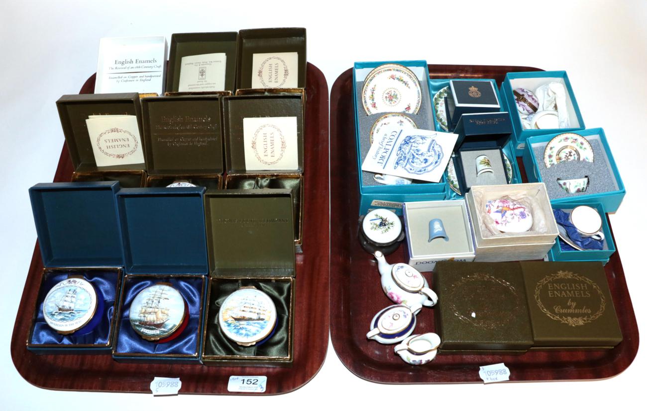 Lot 152 - Two trays and one box including boxed English enamel boxes; and assorted miniature tea wares