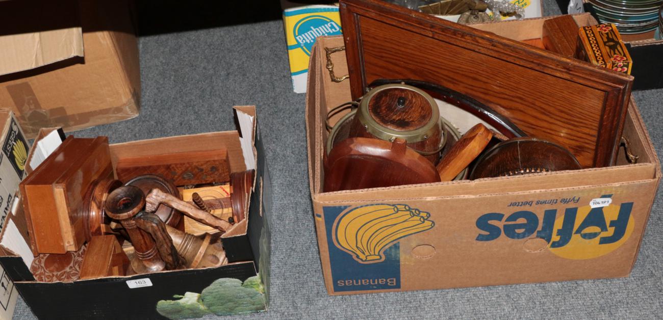 Lot 163 - A quantity of treen items including: a pair of ewers; bowls; trays; boxes; a sample wood...
