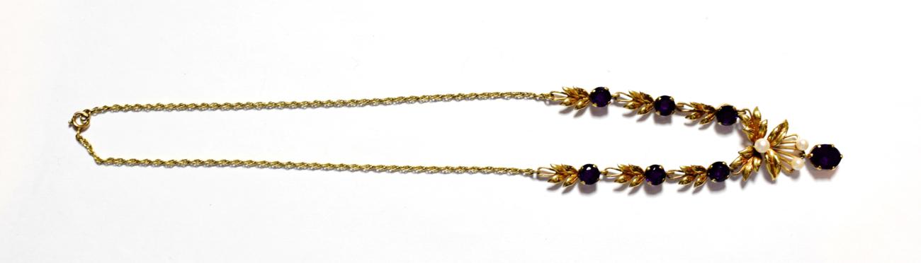 Lot 173 - An amethyst and cultured pearl necklace, stamped '9' and '.375', length 45cm